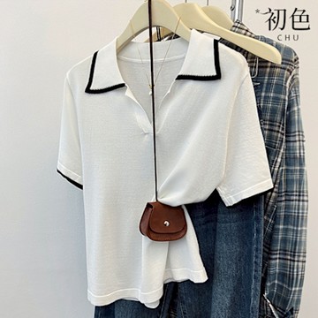 初色 學院風撞色邊條美式POLO領正肩短袖針織T恤上衣女上衣-共2色-12838(F可選)