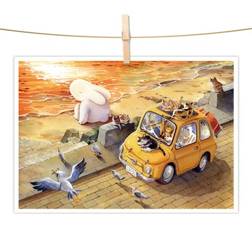 afu水彩插畫明信片 - 金黃色的海