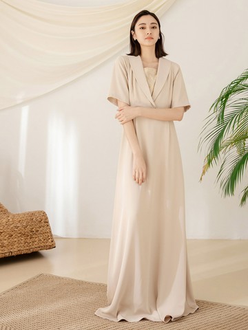 韓系西裝領蕾絲拼接五分袖收腰洋裝輕婚紗