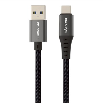 POLYWELL 寶利威爾 USB3.1 5Gbps Type-C對A 3A 充電傳輸線 18W  0.5m  黑色  1條