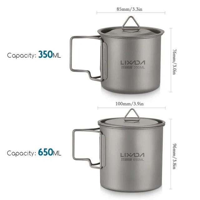 Lixada-超軽量チタンカップ,屋外ピクニック用,折りたたみハンドル付き,300ml 350ml 420ml 550ml 650ml 750ml