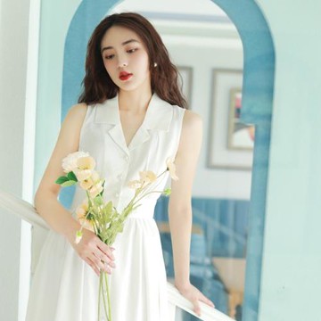 juju夏季新款港風復古無袖連衣裙西裝領襯衫裙顯瘦赫本風小白裙女