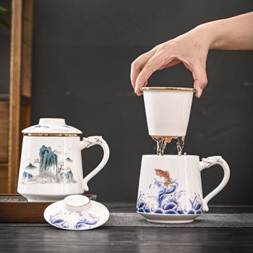 高檔羊脂玉瓷杯子茶杯辦公室水杯馬克杯商務泡茶帶蓋過濾禮盒送禮