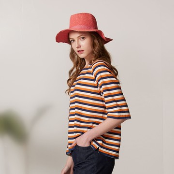 純棉彩條圓領五分袖上衣