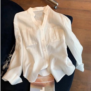 上班族女裝 白色老錢風立領 氣質襯衫女 新款高級感輕奢休閒氣質 襯衣 薄外套 夏天外套 6W