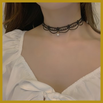 黑色蕾絲項圈頸帶頸鏈 珍珠吊墜choker鎖骨鏈