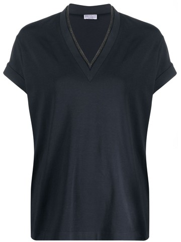 Brunello Cucinelli - Monili-trim V-neck T-shirt - women - Cotton/Spandex/Elastane/Eco Brass - XS - Blue