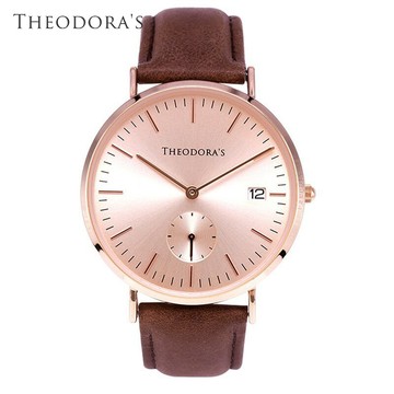 【THEODORA'S】Zeus中性單眼日顯真皮手錶 單眼粉膚-真皮深棕【希奧朵拉】