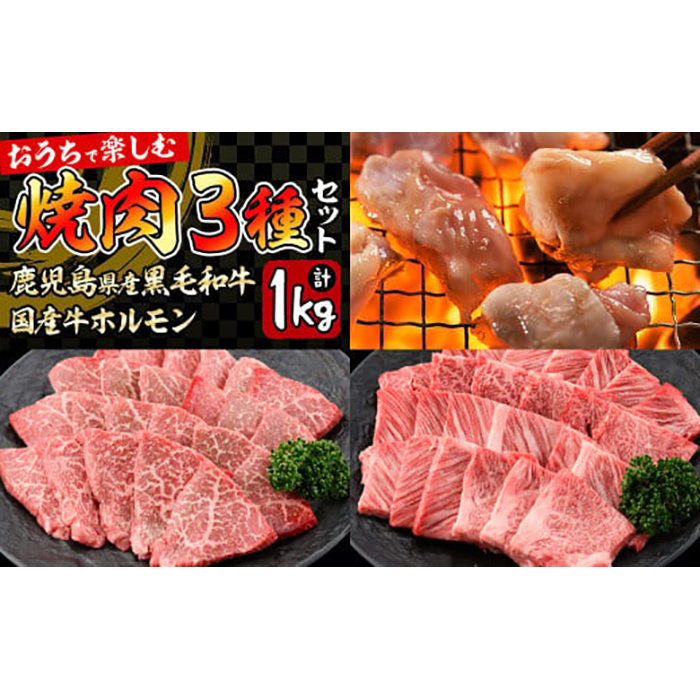 鹿児島県産黒毛和牛肩ロース・モモ・国産ホルモンの焼肉3種セット＜計1kg＞ b0-087