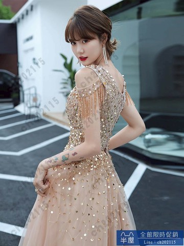 尾牙禮服 洋裝 重工晚禮服裙女2024新款輕奢小眾高端法式高級感主持人敬酒鎏金色交換禮物 三木優選