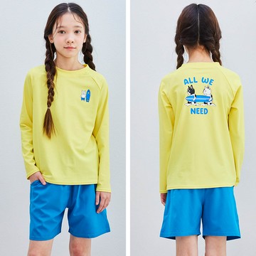韓國 Bebechat - UPF 50+抗UV兩件式兒童泳衣/泳裝(長袖X短褲)-衝浪狗狗-黃X藍