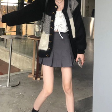 春秋新款小眾設計感半身裙百褶裙灰色短裙韓版裙褲學院風休閑
