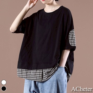 【ACheter】日本棉專家格紋拼接假2件T恤寬鬆上衣 # 109405(現貨+預購)