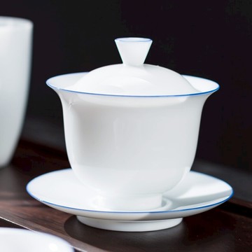 手繪藍邊三才蓋碗茶杯茶具德化白瓷薄胎陶瓷功夫泡茶碗套裝家用大