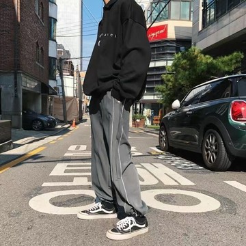 雙細線寬鬆風褲 寬鬆風褲 褲頭褲管 闊腿褲 韓版 微彈 可以調節抽繩 韓國風褲 男女可穿 線條風褲 四季可穿 L228