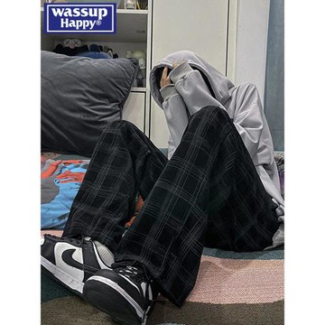 wassup happy格子休閑褲男秋冬季2026新款潮牌港風寬松闊腿長褲子