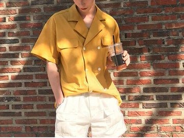 FINDSENSE MD 韓國 休閒 時尚 男 基本款 雙排扣 翻領 鈕扣 短袖襯衫 短袖T恤 特色T恤