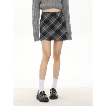 SHIYIYUE學院風高腰格紋短裙秋冬季高級感a字顯瘦半身長裙包臀裙