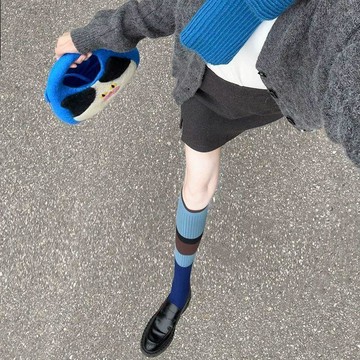 【星選】藍色條紋襪子配小皮鞋女精梳棉拼色小腿襪日韓系學院風堆堆長筒襪免運