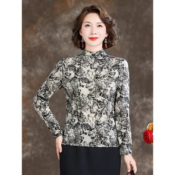 2024新款女裝打底針織衫秋冬超細羊毛毛衣半高領長袖保暖印花上衣