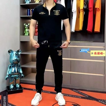 夏季新款休閒短袖男士輕奢時尚帥氣立領長褲套裝 休閒套裝男 短袖套裝 帥氣男裝 男生套裝 男士套裝 男休閒套裝 潮男套裝