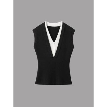 大洪T臺達人撞色假兩件無袖針織衫夏季時尚女人味氣質顯瘦V領上衣