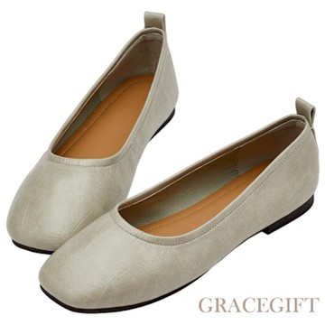 【Grace Gift】時髦極簡剪裁方頭平底娃娃鞋 淺灰