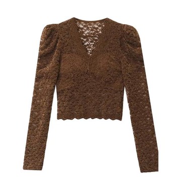 秋冬新款泡泡袖加絨加厚蕾絲打底衫純色V領氣質修身顯瘦長袖上衣