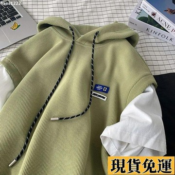 💦台灣限時低價💦 牛油果綠假兩件連帽短袖男夏季華夫格t恤情侶裝大碼220斤上衣潮