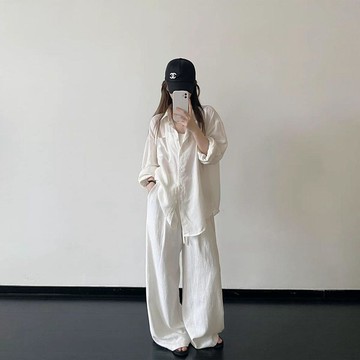 【台灣出貨】法式老錢風兩件套 夏季新款高端棉麻襯衫+闊腿褲套裝 經典白色襯衫 輕盈薄款寬鬆剪裁 質感透氣棉麻面料