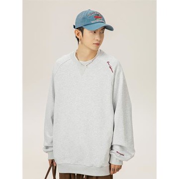 400G重磅圓領衛衣男結構拼接美式字母刺繡插肩袖秋冬復古寬松外套