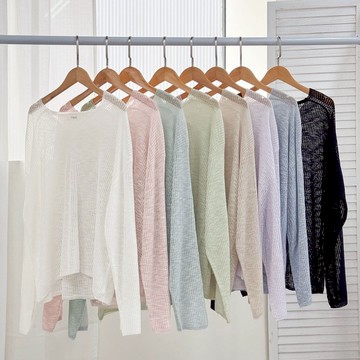 【Fee隔日到貨8色】V領直紋寬鬆透膚針織長袖上衣🔥薄針織長袖上衣 透膚上衣 打底上衣 薄長袖上衣 洞洞上衣 秋冬穿搭