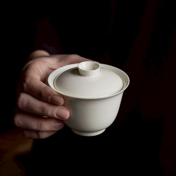 杏白釉蓋碗無托薄胎陶瓷功夫茶具單個茶碗工夫茶碗白瓷茶杯泡茶碗