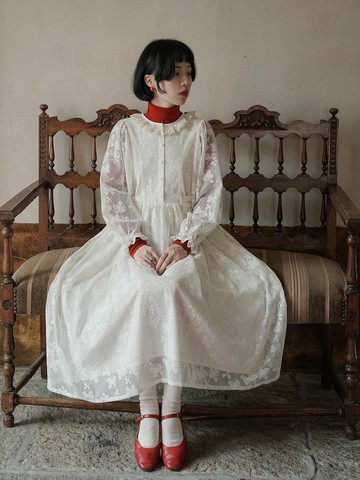 白色 古董娃娃小白裙 法式復古蝴蝶蕾絲重工洋裝 長袖襯衫連身裙