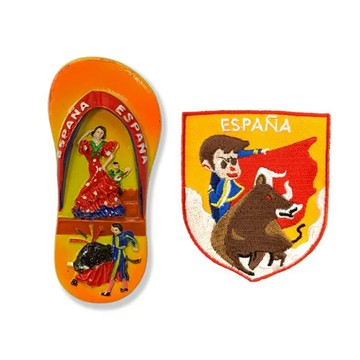 A-ONE 匯旺 西班牙鬥牛弗朗明歌拖鞋立體磁鐵 + 西班牙鬥牛士 ESPANA 熨斗刺繡 Set 2件組  多色組合  3.58 x 1.57 + 3.1 x 2.5