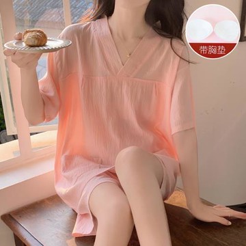 新中式睡衣女夏天短袖帶胸墊純棉套裝洗浴桑拿汗蒸和服浴衣家居服