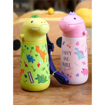 寶寶恐龍小吸管杯保溫男童316不銹鋼卡通女童幼兒園兒童進口水杯