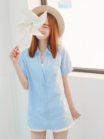 V領高含棉假兩件知性長版襯衫/上衣