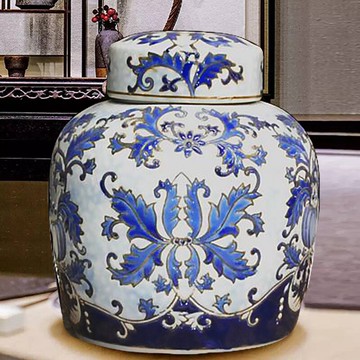 景德鎮新中式浮雕青花釉下彩儲物罐帶蓋子花瓶全手繪罐子儲物壇子