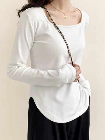 白色內搭女士打底衫春秋季鹽系穿搭修身U領小眾設計感長袖T恤上衣