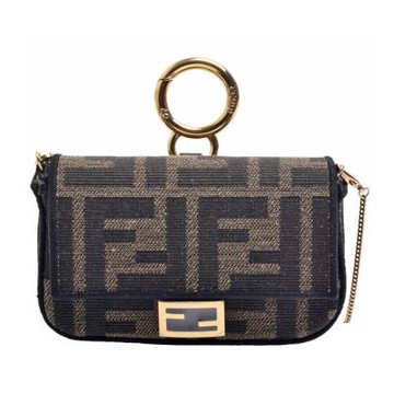 FENDI 經典金屬FF磁扣提花織布金鏈帶圓釦環小包/耳機包(迷你-棕色)