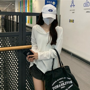 中大尺碼素色連帽抽繩半開釦坑條休閒簡約上衣L~4L-Ballet Dolly