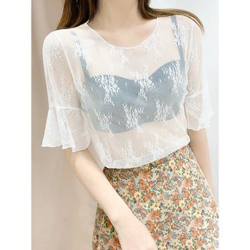 白色蕾絲打底衫女夏吊帶裙內搭短袖t恤中袖網紗外搭罩衫透視上衣