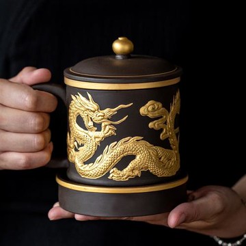 碌心 紫砂個人辦公杯立體浮雕描金內膽過壺承杯墊濾居家辦公實用