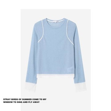 拉夏貝爾高級感插件撞色立褶拼接半透長袖2025秋辣妹小眾設計上衣