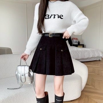 胖胖美依 半身裙 短裙 A字短裙 百褶裙 S-XL新款加厚燈芯絨A字裙顯高百搭短裙T462-9309.