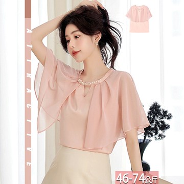 圓領釘珠織帶鏤空拼接壓褶披肩上衣 M-2XL【335690X】【現+預】☆流行前線☆