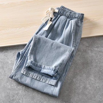 重工水洗做舊！日系復古外貿男裝工廠尾貨休閑寬松松緊腰牛仔長褲