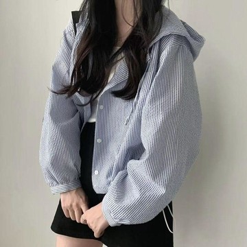 輕薄透氣防曬外套 女 涼感 百搭 長袖百搭藍色寬鬆休閒襯衣夏季條紋新款上衣襯衫防曬連帽外套0723