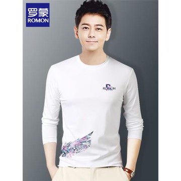 羅蒙白色男士長袖t恤2025春秋季新款男裝純棉打底衫秋裝圓領上衣